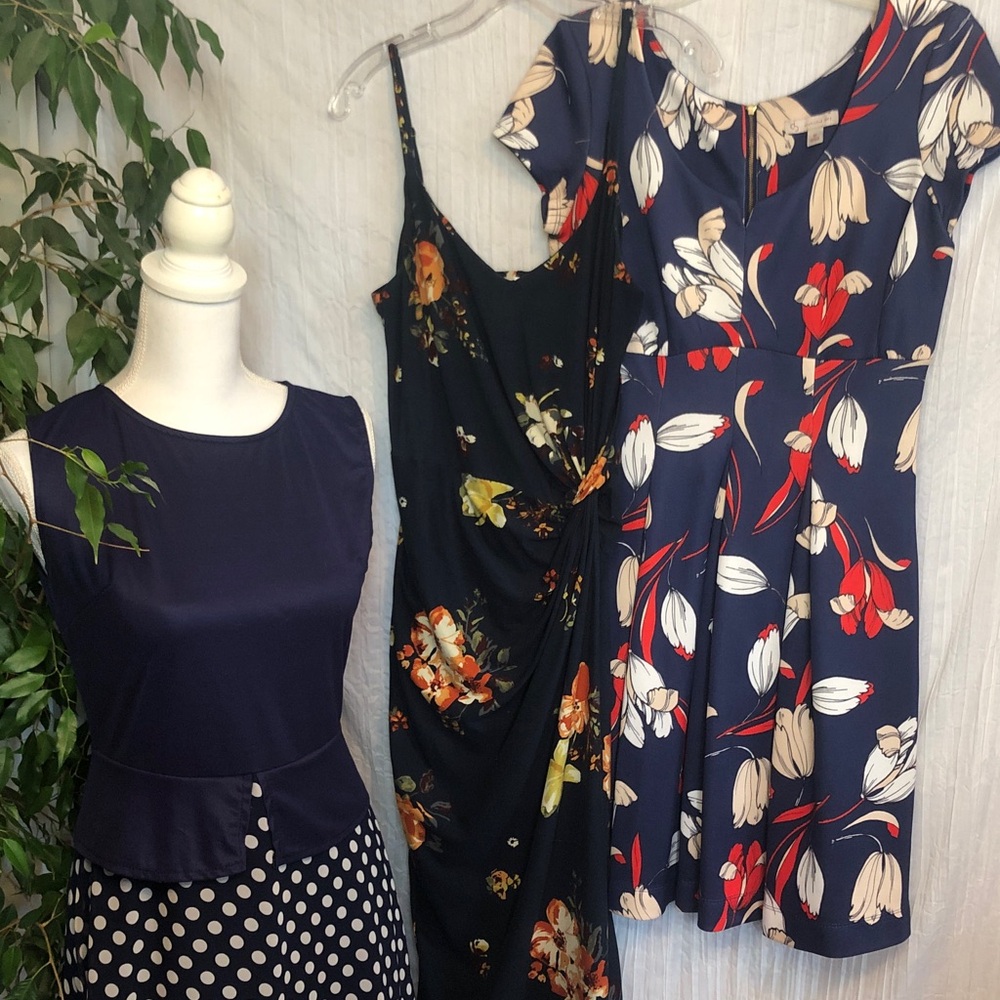 DRESS BARN NINE BRITTON lot 3 navy polka dots & floral size 10/M Summer dresses